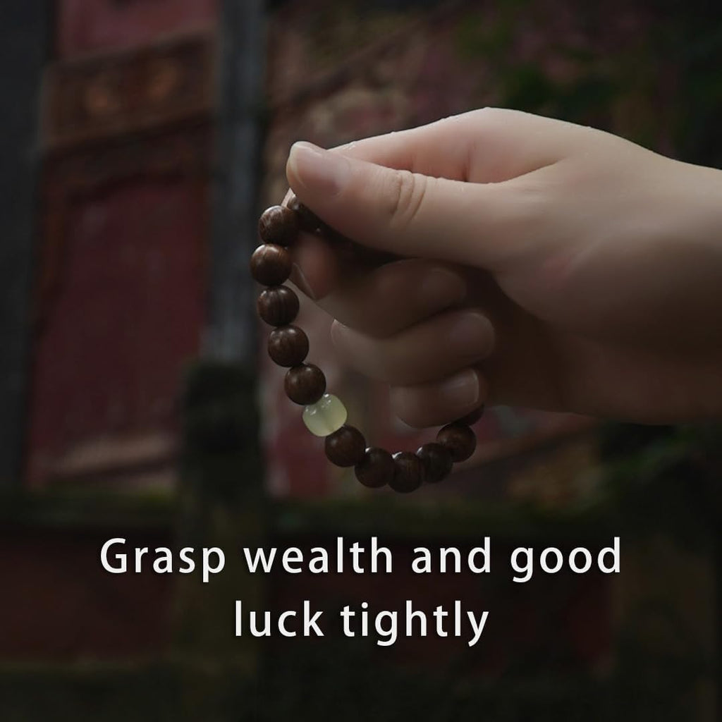 Feng Shui Wood Bracelet, Natural Golden Sandalwood Buddhist Mala for Wealth Luck Prosperity, Positive Energy Meditation Bracele