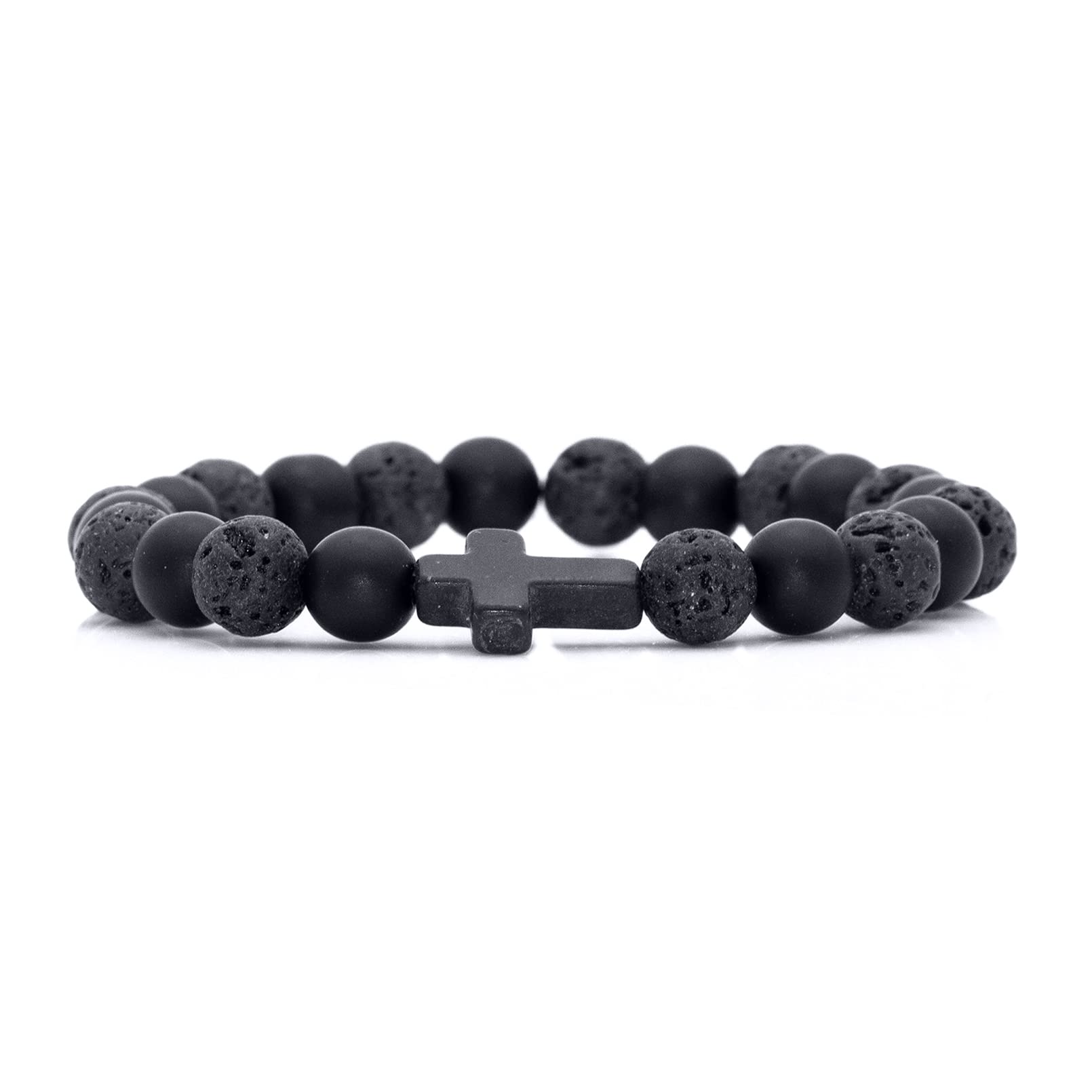 Cross Bead Bracelet: 8mm Volcanic Rock, Turquoise, Tiger's Eye, and Black Jade Bracelet—A Source of Energy and Protection