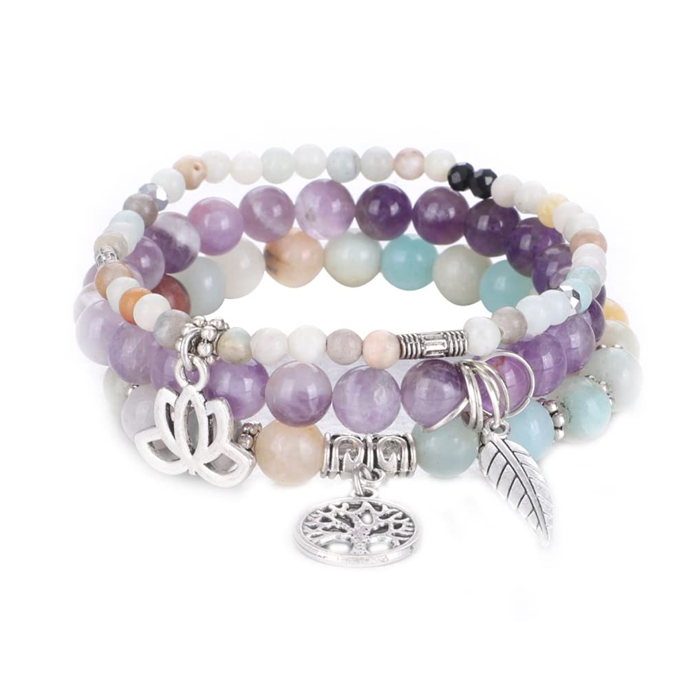 Tree of Life Yoga Healing Stone Bracelets,Multilayer Lotus Chakra Stone Reiki Bracelet Sets,Anxiety Crystal Natural Stone,for Women Stress Relief