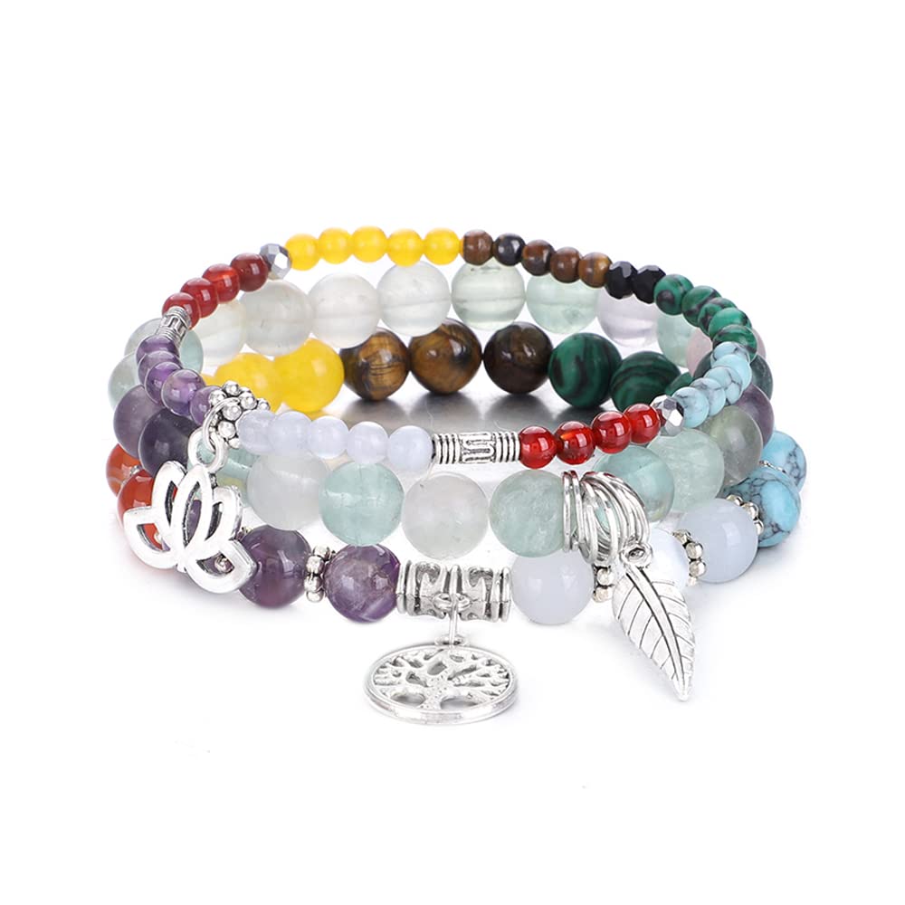 Tree of Life Yoga Healing Stone Bracelets,Multilayer Lotus Chakra Stone Reiki Bracelet Sets,Anxiety Crystal Natural Stone,for Women Stress Relief