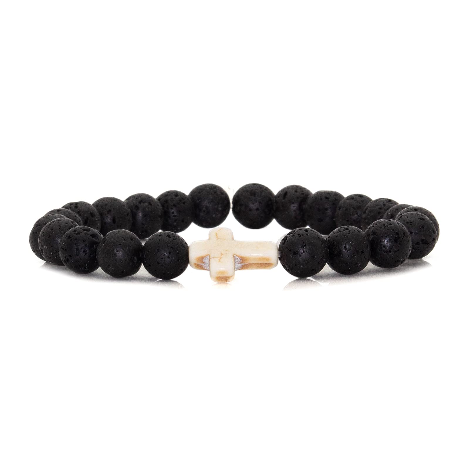 Cross Bead Bracelet: 8mm Volcanic Rock, Turquoise, Tiger's Eye, and Black Jade Bracelet—A Source of Energy and Protection