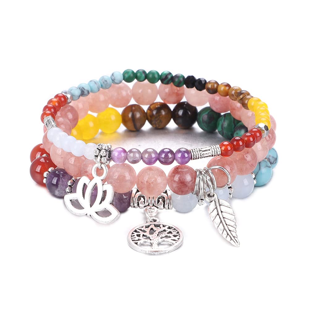 Tree of Life Yoga Healing Stone Bracelets,Multilayer Lotus Chakra Stone Reiki Bracelet Sets,Anxiety Crystal Natural Stone,for Women Stress Relief