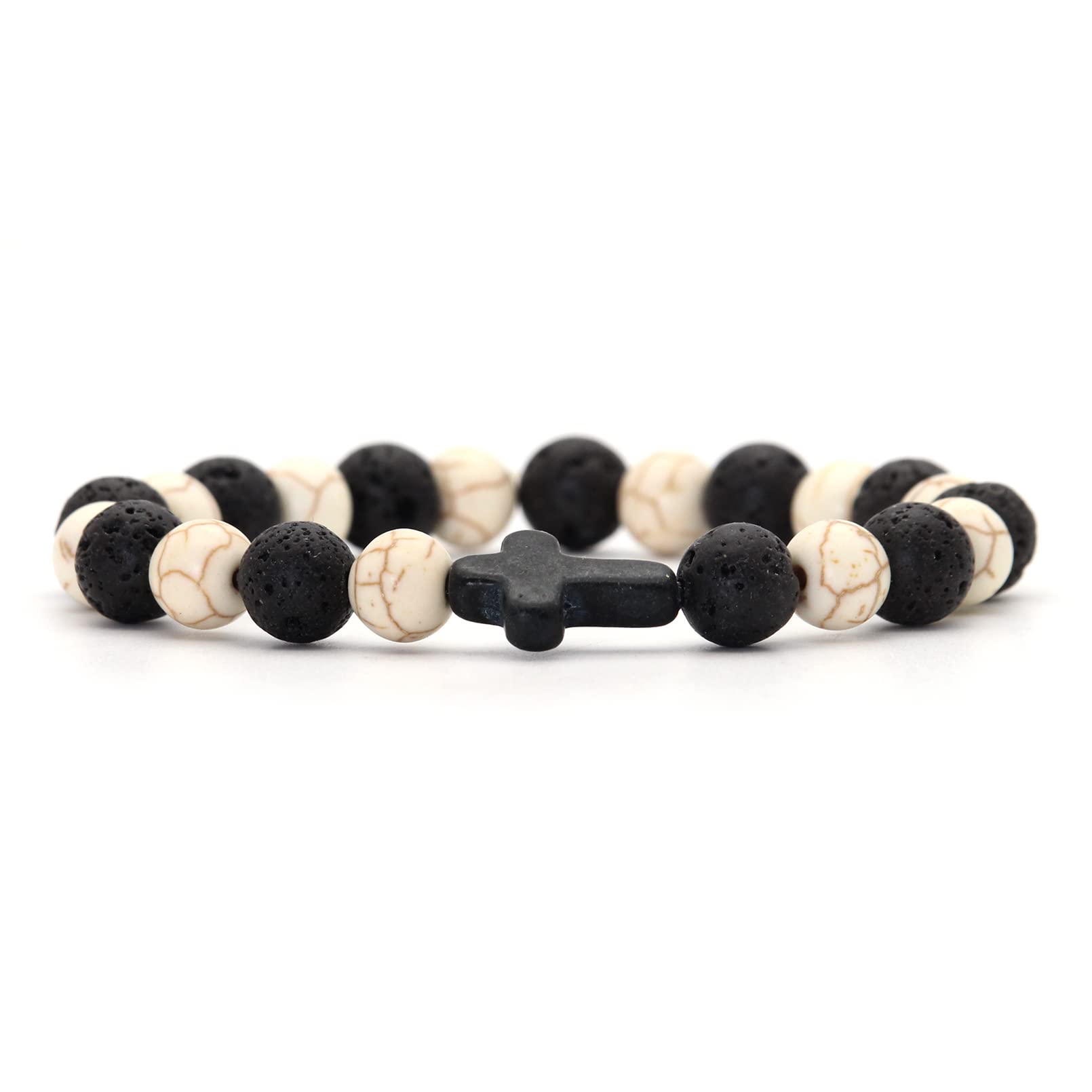 Cross Bead Bracelet: 8mm Volcanic Rock, Turquoise, Tiger's Eye, and Black Jade Bracelet—A Source of Energy and Protection