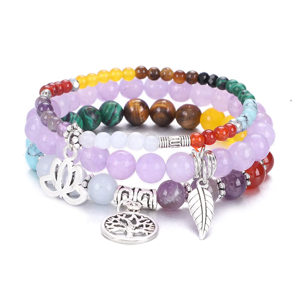 Tree of Life Yoga Healing Stone Bracelets,Multilayer Lotus Chakra Stone Reiki Bracelet Sets,Anxiety Crystal Natural Stone,for Women Stress Relief