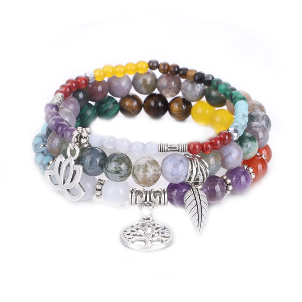 Tree of Life Yoga Healing Stone Bracelets,Multilayer Lotus Chakra Stone Reiki Bracelet Sets,Anxiety Crystal Natural Stone,for Women Stress Relief