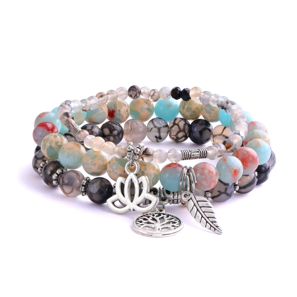 Tree of Life Yoga Healing Stone Bracelets,Multilayer Lotus Chakra Stone Reiki Bracelet Sets,Anxiety Crystal Natural Stone,for Women Stress Relief