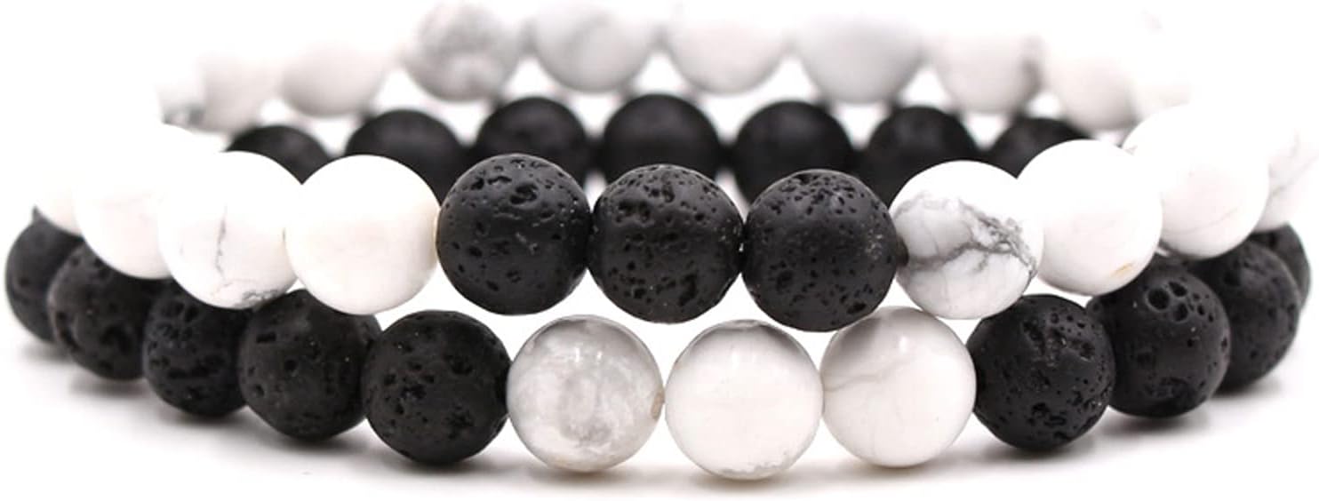 2-Piece Set: Matte Lava Stone Bead Stretch Bracelets, Energy Yoga Bracelets, Couple's Set, Stress Relief, Healing, Aromatherapy Jewelry