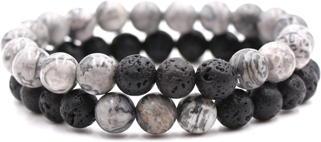 2-Piece Set: Matte Lava Stone Bead Stretch Bracelets, Energy Yoga Bracelets, Couple's Set, Stress Relief, Healing, Aromatherapy Jewelry