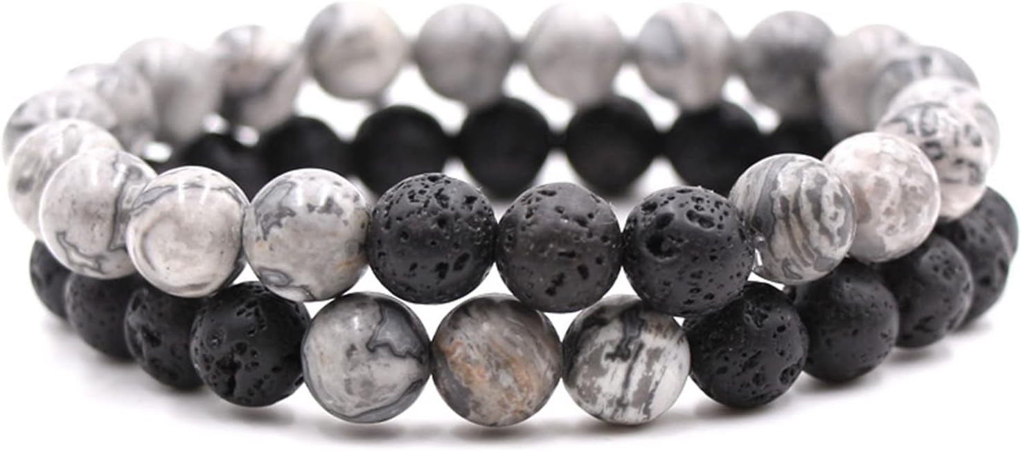 2-Piece Set: Matte Lava Stone Bead Stretch Bracelets, Energy Yoga Bracelets, Couple's Set, Stress Relief, Healing, Aromatherapy Jewelry