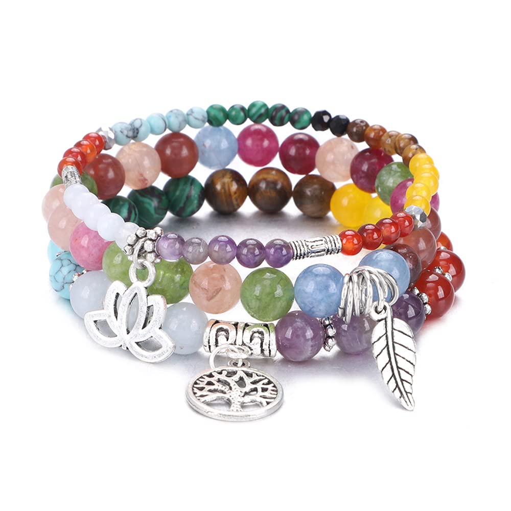 Tree of Life Yoga Healing Stone Bracelets,Multilayer Lotus Chakra Stone Reiki Bracelet Sets,Anxiety Crystal Natural Stone,for Women Stress Relief