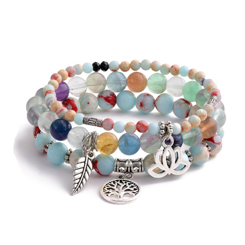 Tree of Life Yoga Healing Stone Bracelets,Multilayer Lotus Chakra Stone Reiki Bracelet Sets,Anxiety Crystal Natural Stone,for Women Stress Relief