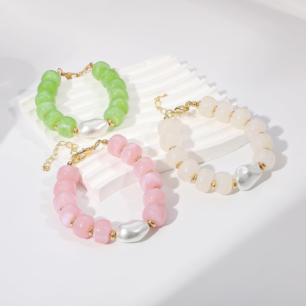 Chunky Beaded Bracelets for Women Boho Resin Beaded Bracelet with Pearl Colorful Acrylic Statement Bracelets Handmade Beads Jewelry Gift