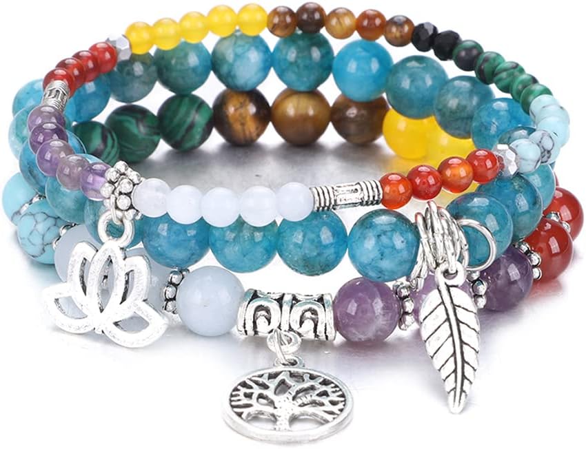 Tree of Life Yoga Healing Stone Bracelets,Multilayer Lotus Chakra Stone Reiki Bracelet Sets,Anxiety Crystal Natural Stone,for Women Stress Relief