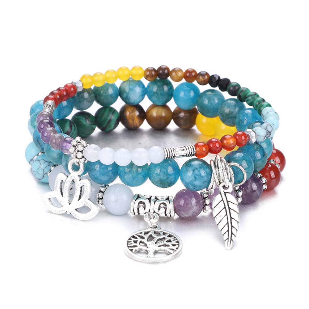 Tree of Life Yoga Healing Stone Bracelets,Multilayer Lotus Chakra Stone Reiki Bracelet Sets,Anxiety Crystal Natural Stone,for Women Stress Relief