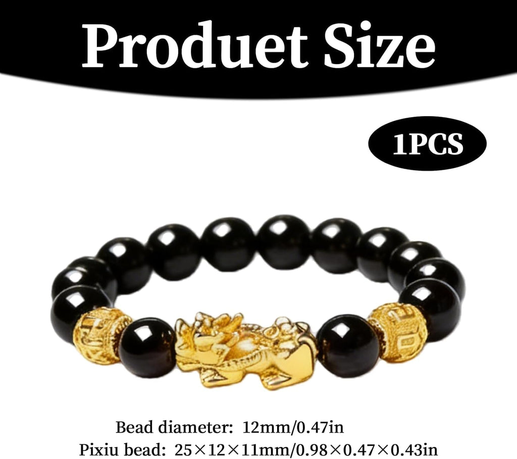 Black Obsidian Pixiu Wealth Bracelet for Women and Men, Feng Shui Pi Yao Prosperity Bracelet with Beads, Elastic Fahsion Jewelry