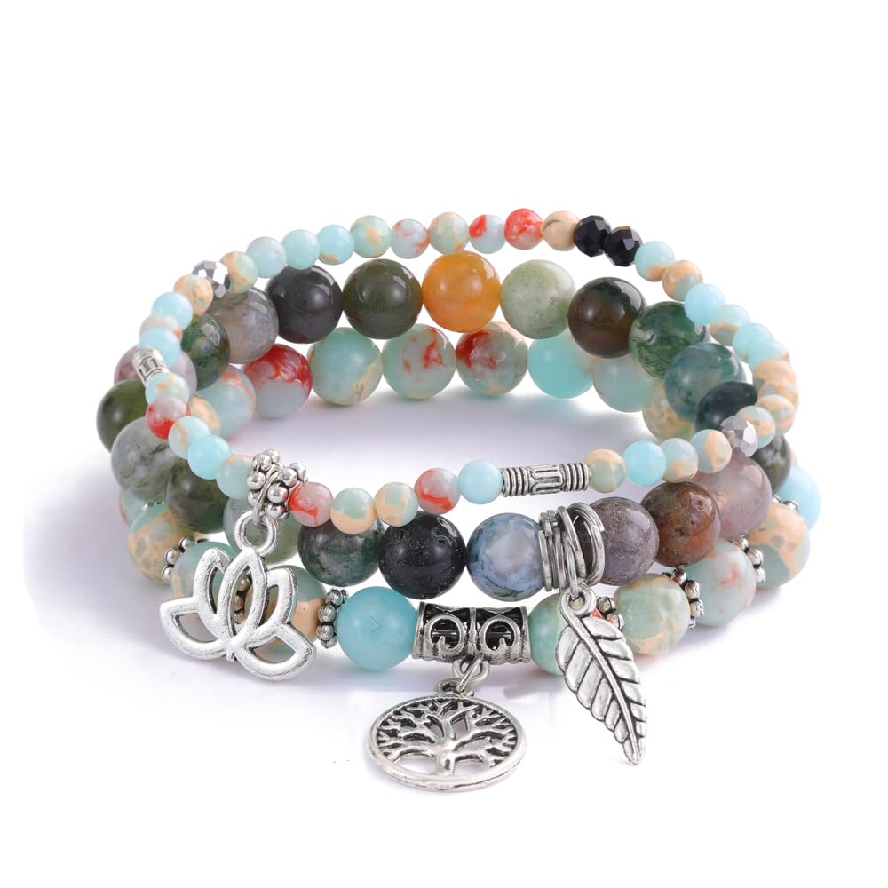Tree of Life Yoga Healing Stone Bracelets,Multilayer Lotus Chakra Stone Reiki Bracelet Sets,Anxiety Crystal Natural Stone,for Women Stress Relief