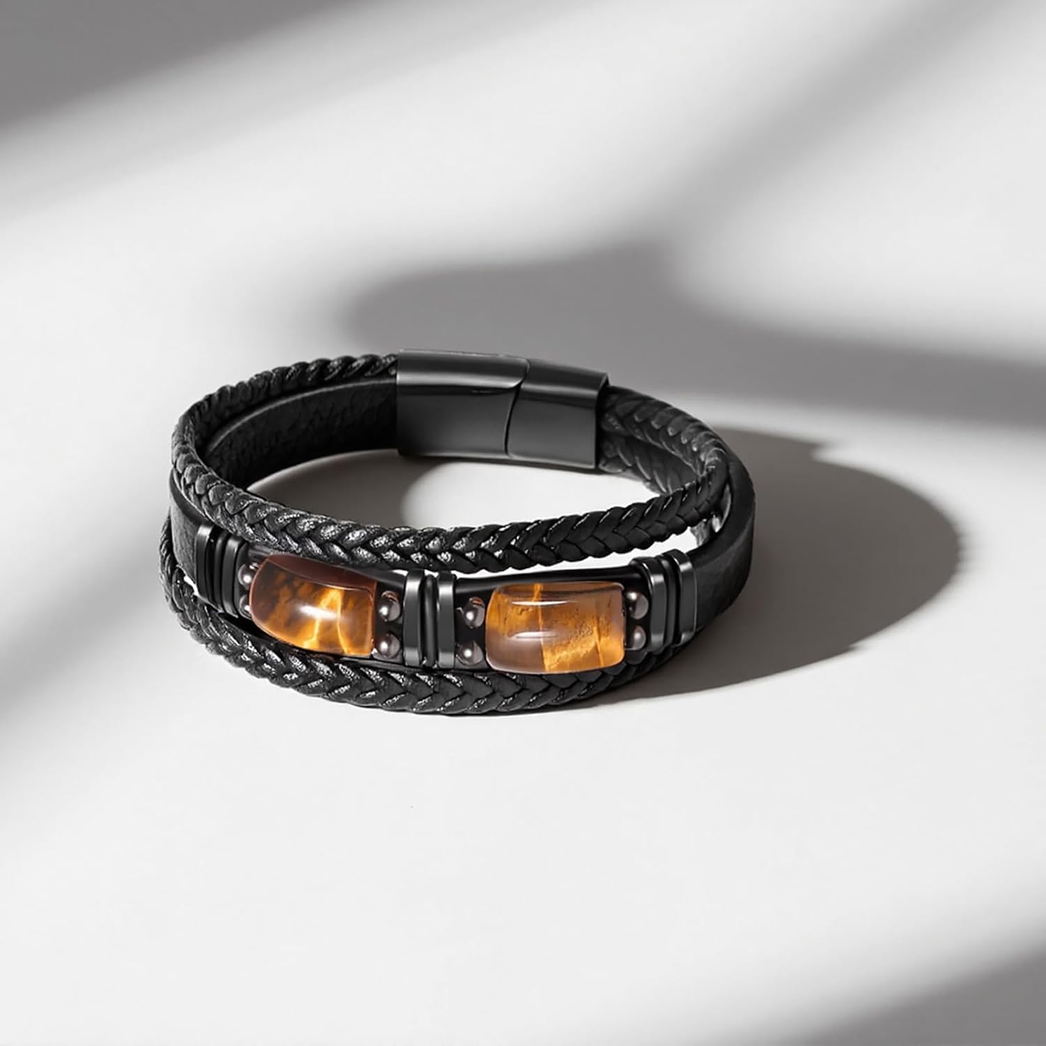 Tiger Eye Black Leather Bracelet Men Natural Tiger Eye Gemstone Crystal Stone Jewelry Handmade Courage And Stress Relief Protection Bracelet