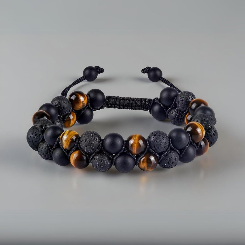 Volcanic Rock, Black Onyx, and Tiger's Eye 8mm Natural Stone Beads | An energy bracelet to help you stay grounded, boost your confidence, attract wealth and good fortune, and relieve stress