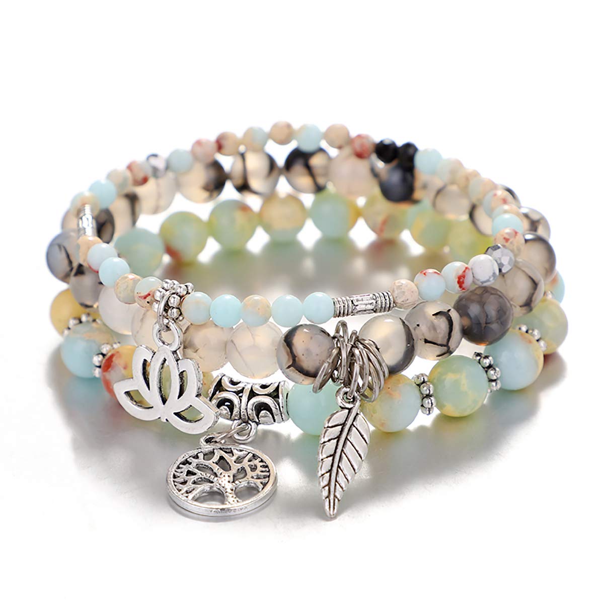 Tree of Life Yoga Healing Stone Bracelets,Multilayer Lotus Chakra Stone Reiki Bracelet Sets,Anxiety Crystal Natural Stone,for Women Stress Relief
