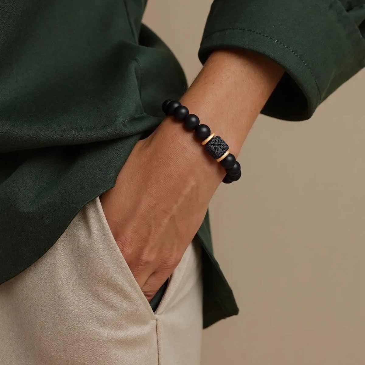 8mm Black Onyx and Volcanic Stone Bead Bracelet
