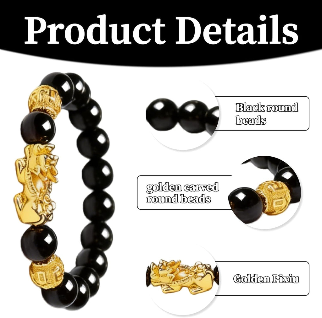 Black Obsidian Pixiu Wealth Bracelet for Women and Men, Feng Shui Pi Yao Prosperity Bracelet with Beads, Elastic Fahsion Jewelry
