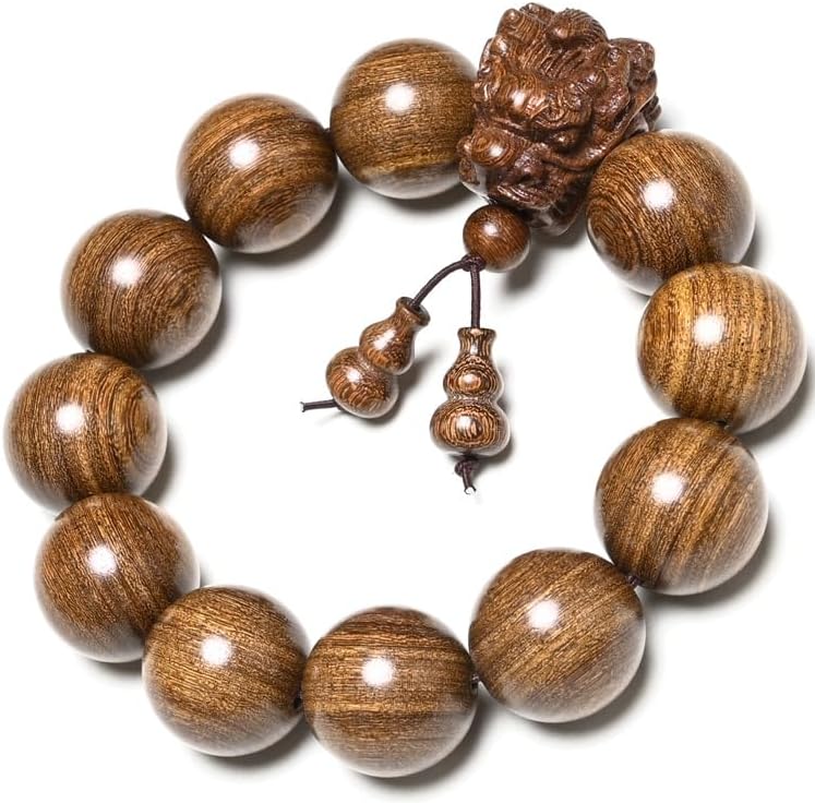 A 20-millimeter-diameter bracelet made of 12 hand-carved wooden beads, adorned with a carved dragon design