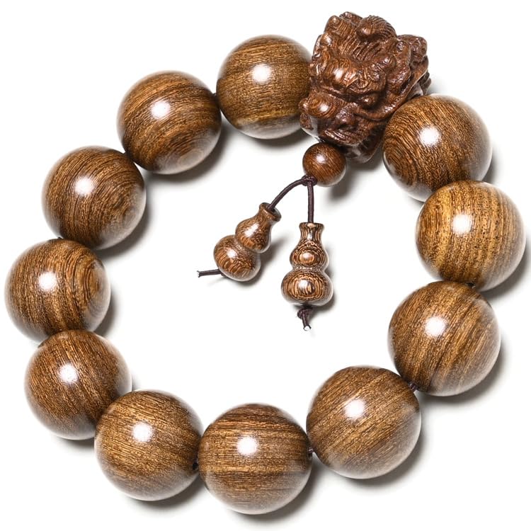 A 20-millimeter-diameter bracelet made of 12 hand-carved wooden beads, adorned with a carved dragon design