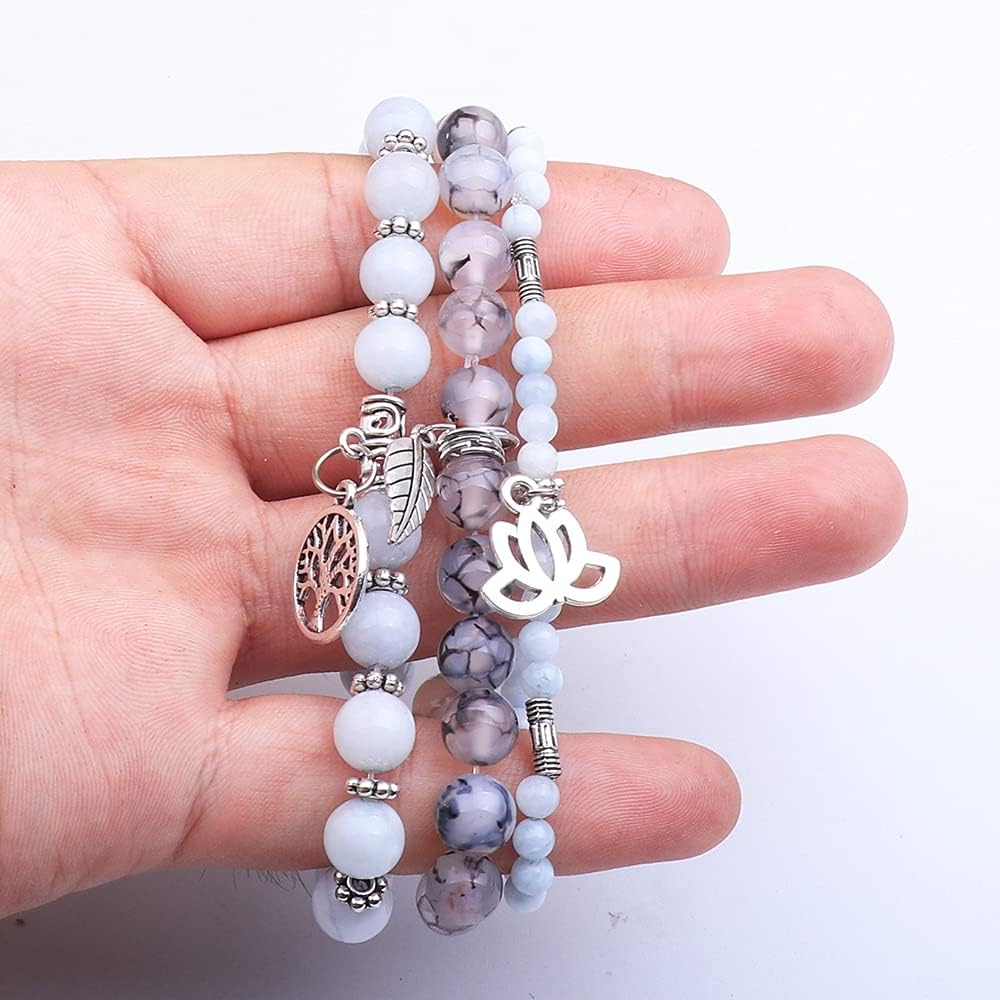 Tree of Life Yoga Healing Stone Bracelets,Multilayer Lotus Chakra Stone Reiki Bracelet Sets,Anxiety Crystal Natural Stone,for Women Stress Relief