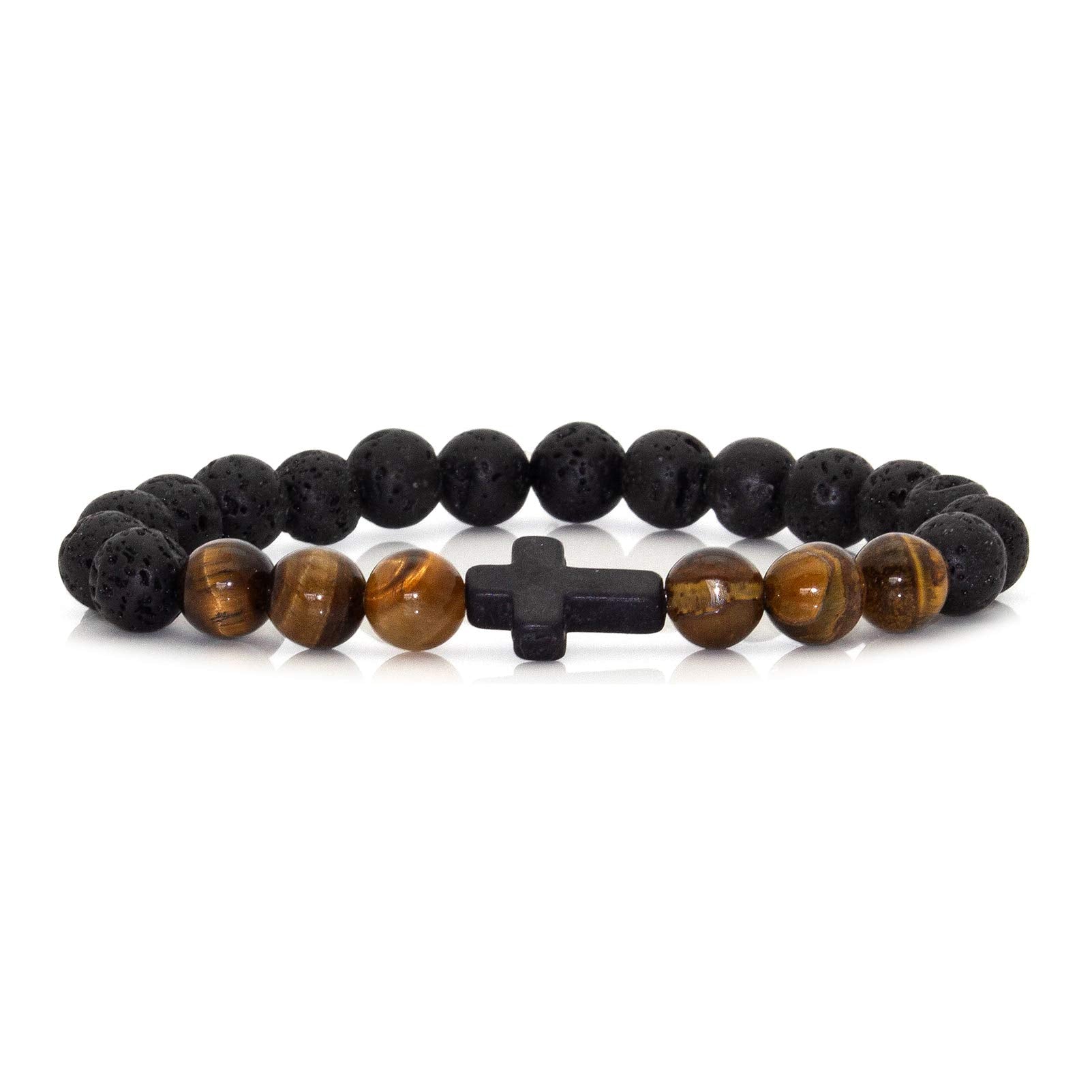 Cross Bead Bracelet: 8mm Volcanic Rock, Turquoise, Tiger's Eye, and Black Jade Bracelet—A Source of Energy and Protection