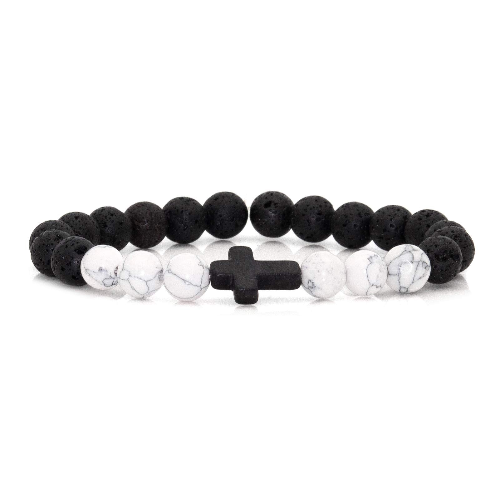 Cross Bead Bracelet: 8mm Volcanic Rock, Turquoise, Tiger's Eye, and Black Jade Bracelet—A Source of Energy and Protection