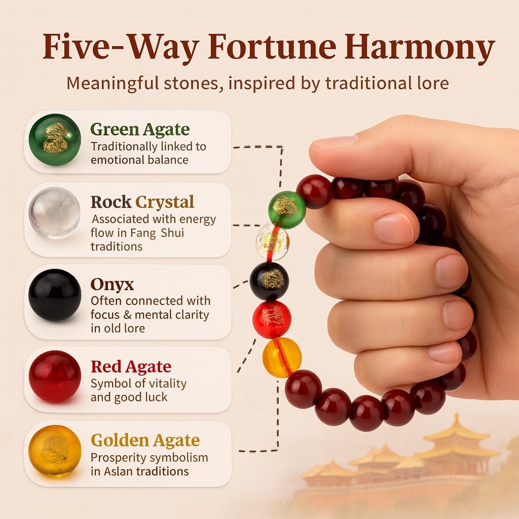 LINGYUAN Feng Shui Wealth and Luck Bracelet with Gold Foil Five Gods Amulet-Red Agate Cinnabar Gemstone Bracelet for Prosperity, Protection & Success, Lucky Charm Gift for Men & Women