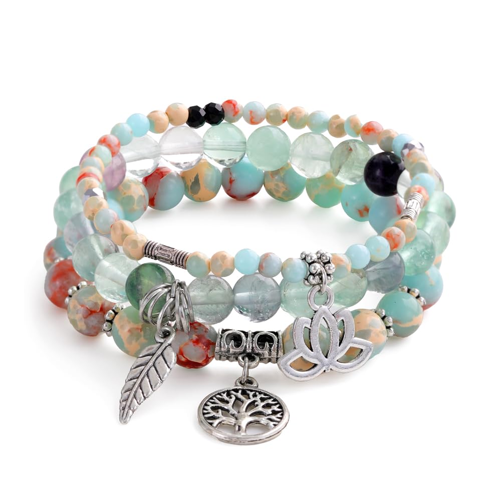 Tree of Life Yoga Healing Stone Bracelets,Multilayer Lotus Chakra Stone Reiki Bracelet Sets,Anxiety Crystal Natural Stone,for Women Stress Relief