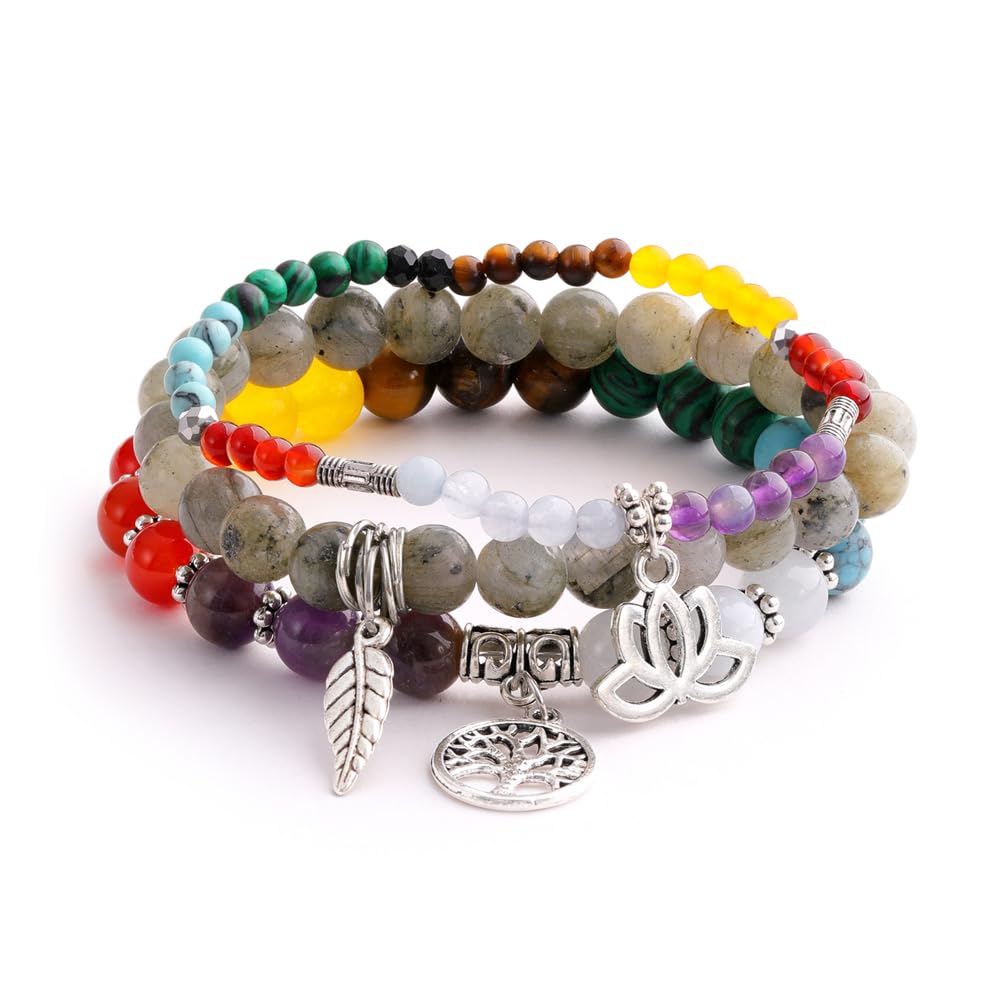 Tree of Life Yoga Healing Stone Bracelets,Multilayer Lotus Chakra Stone Reiki Bracelet Sets,Anxiety Crystal Natural Stone,for Women Stress Relief