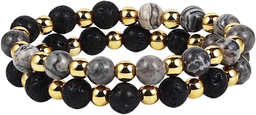 2-Piece Set: Matte Lava Stone Bead Stretch Bracelets, Energy Yoga Bracelets, Couple's Set, Stress Relief, Healing, Aromatherapy Jewelry