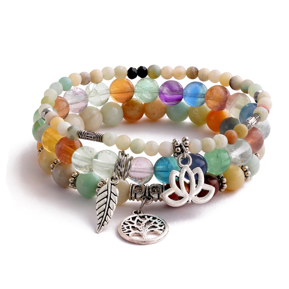 Tree of Life Yoga Healing Stone Bracelets,Multilayer Lotus Chakra Stone Reiki Bracelet Sets,Anxiety Crystal Natural Stone,for Women Stress Relief