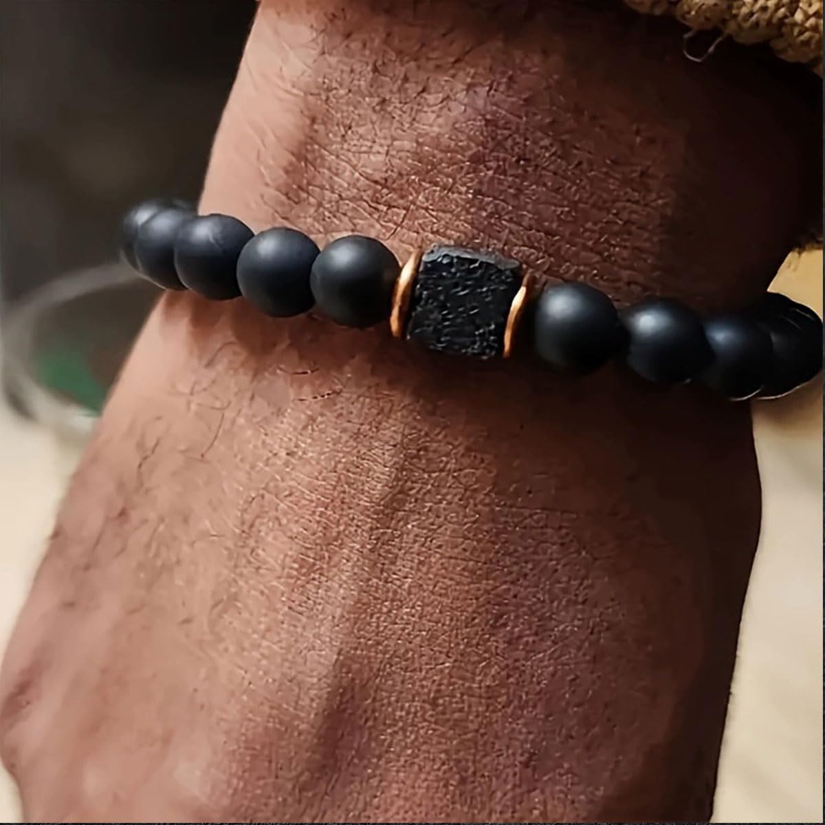 8mm Black Onyx and Volcanic Stone Bead Bracelet