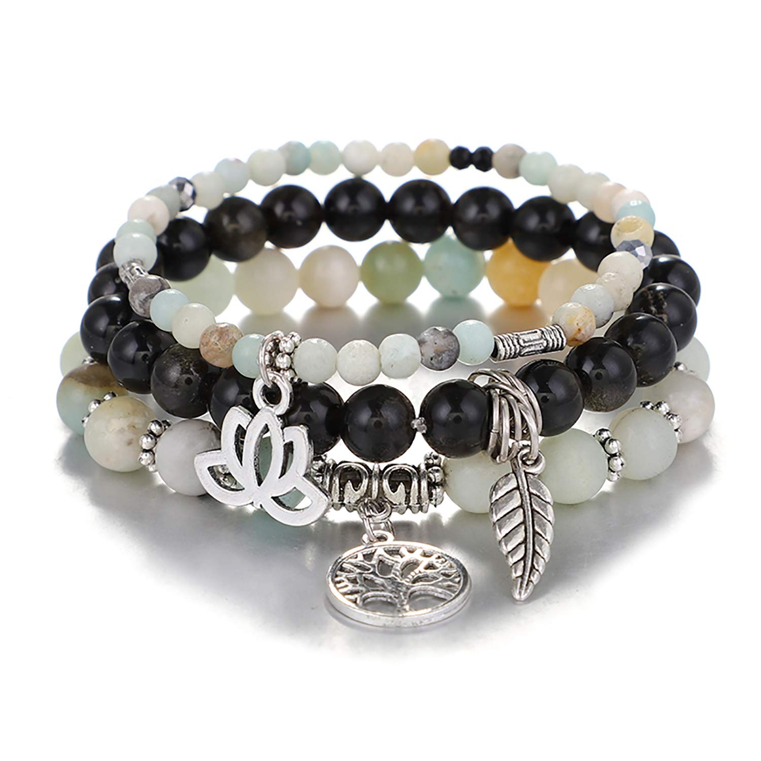 Tree of Life Yoga Healing Stone Bracelets,Multilayer Lotus Chakra Stone Reiki Bracelet Sets,Anxiety Crystal Natural Stone,for Women Stress Relief