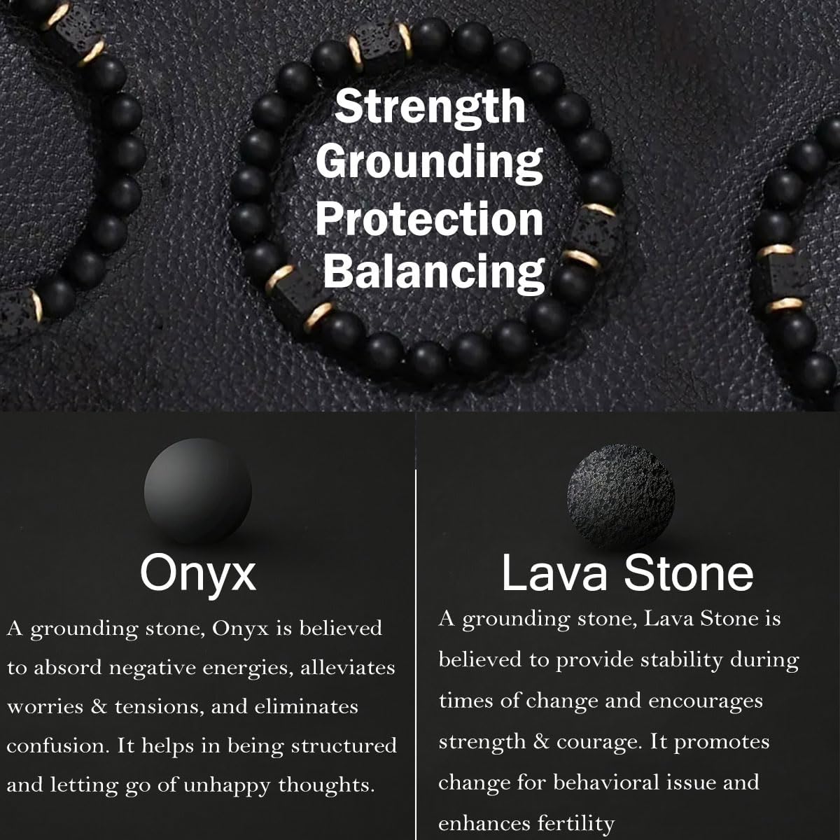 8mm Black Onyx and Volcanic Stone Bead Bracelet