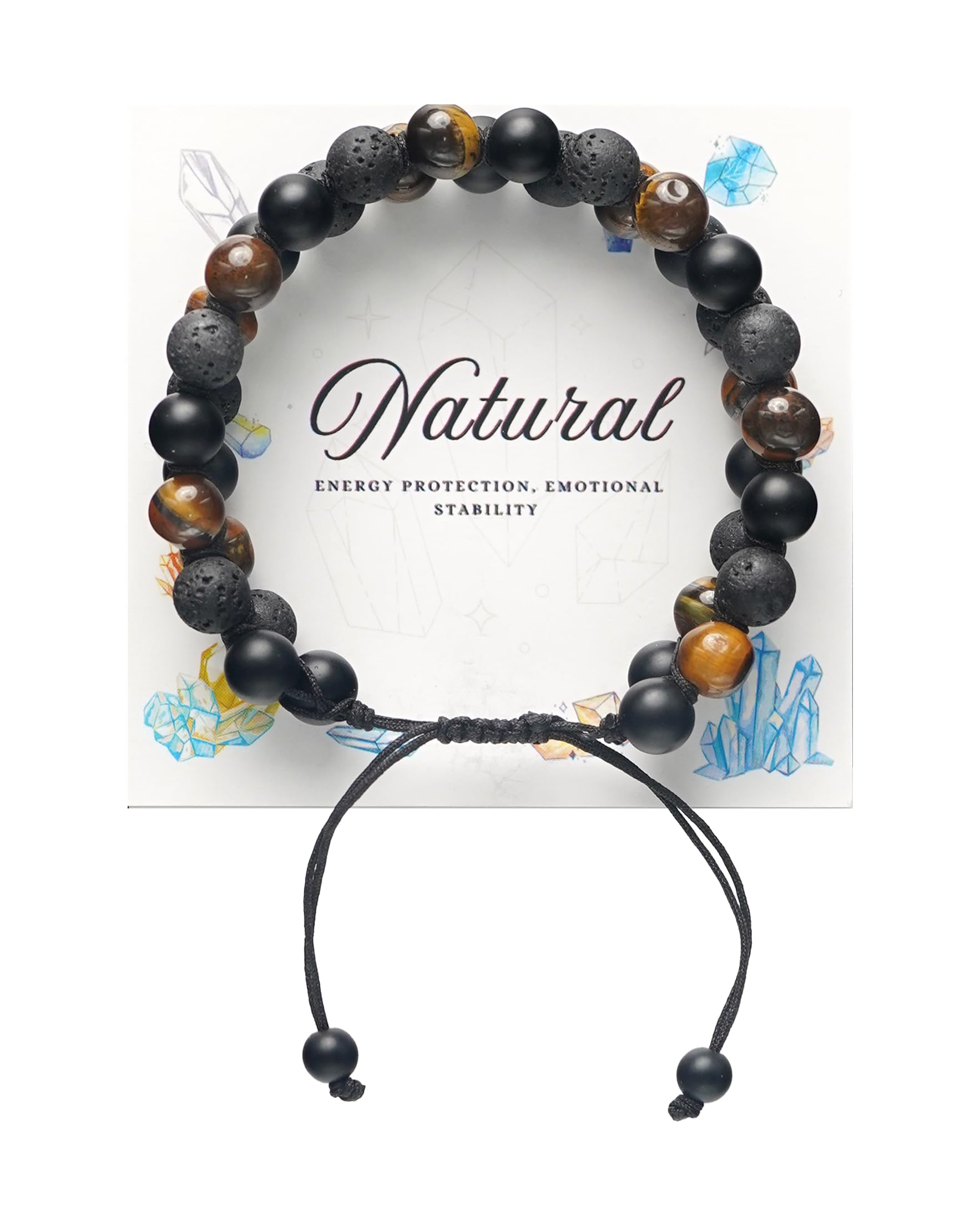 Triple Protection Energy Bracelet, Healing Crystals for Negative Energy Protection, Unisex Amulet with Obsidian, Tiger Eye, and Onyx Stones, Spiritual Jewelry for Men and Women, Healing, Manifestation, and Wellness