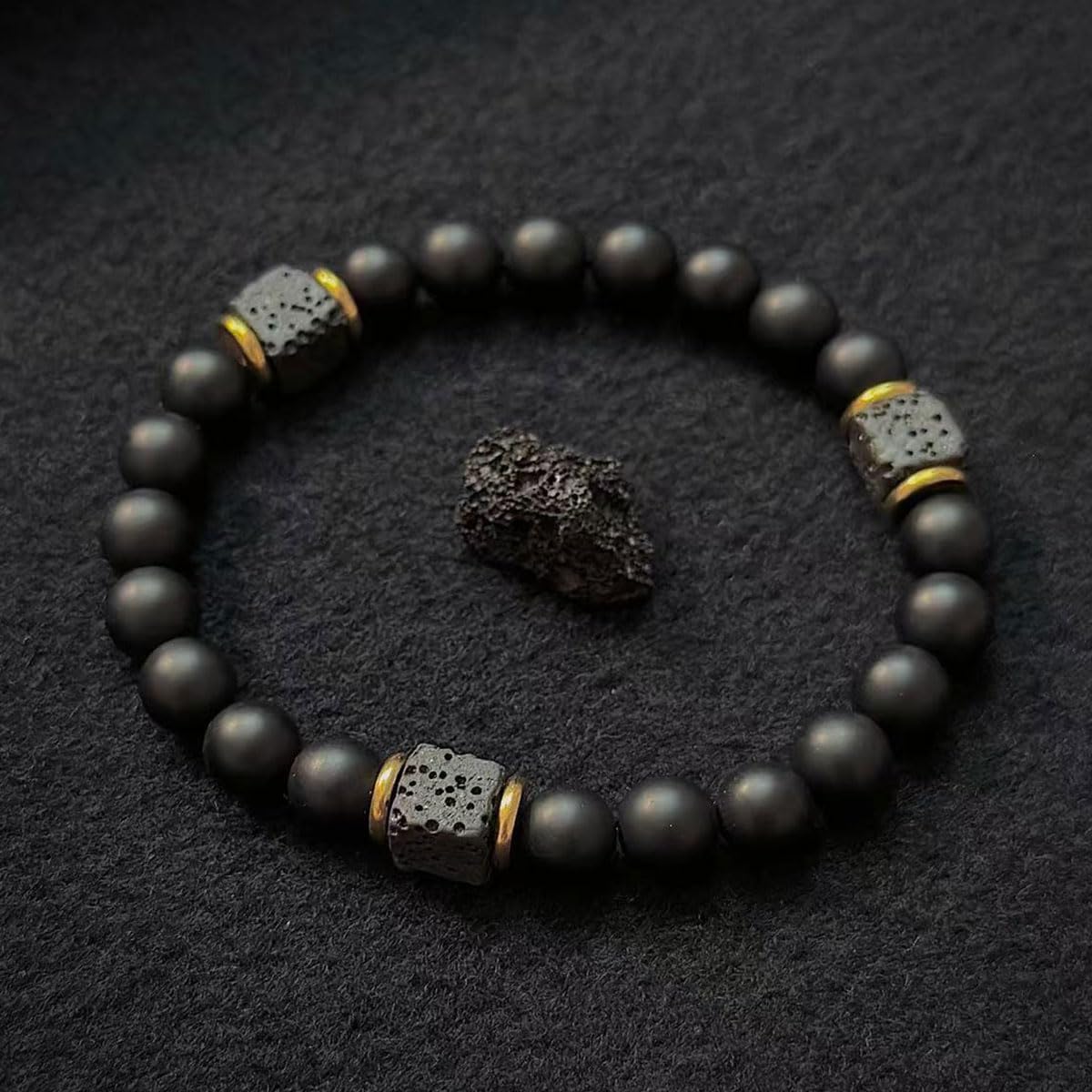 8mm Black Onyx and Volcanic Stone Bead Bracelet