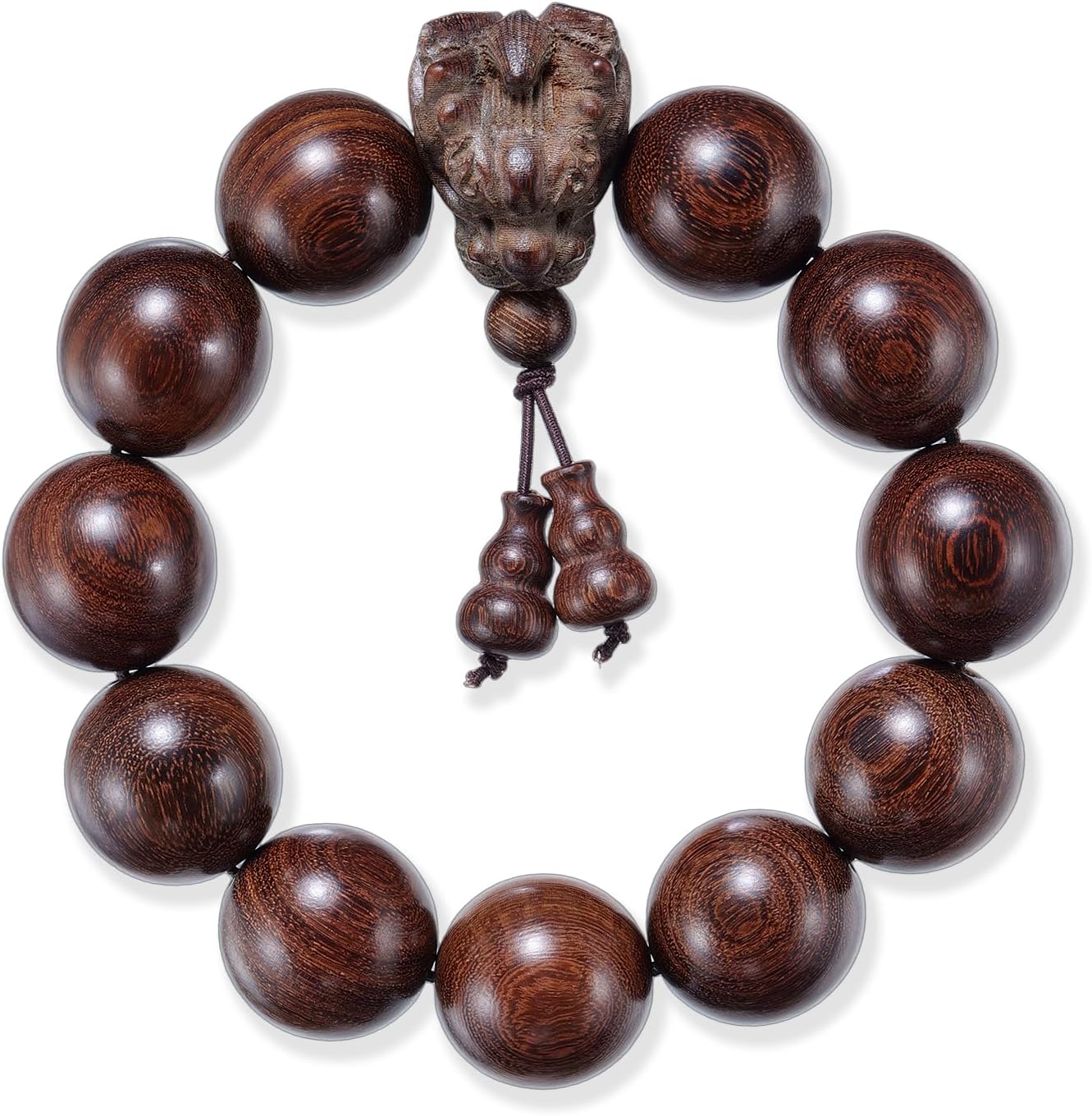 A 20-millimeter-diameter bracelet made of 12 hand-carved wooden beads, adorned with a carved dragon design