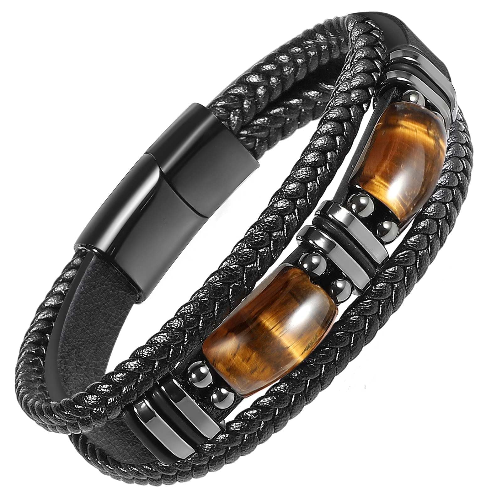 Tiger Eye Black Leather Bracelet Men Natural Tiger Eye Gemstone Crystal Stone Jewelry Handmade Courage And Stress Relief Protection Bracelet