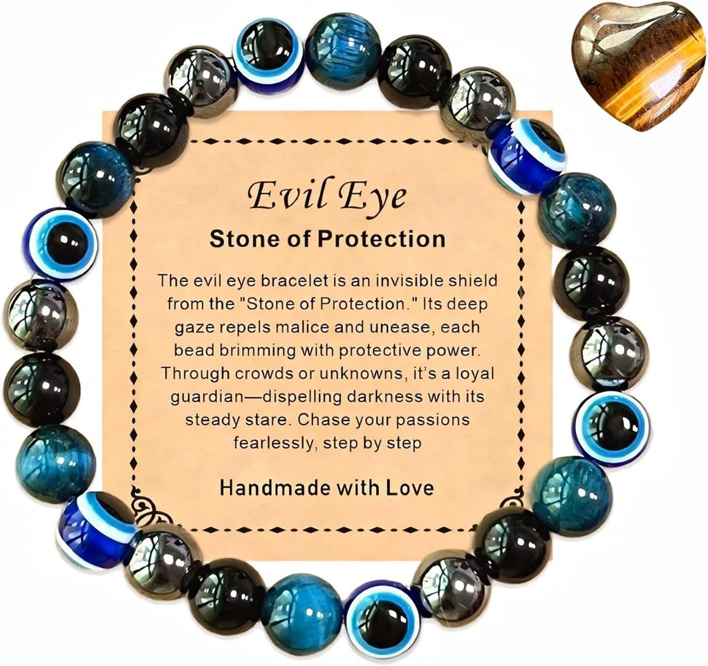 Crystal healing stones, protective eye bracelets, tiger's eye, obsidian, hematite bracelets