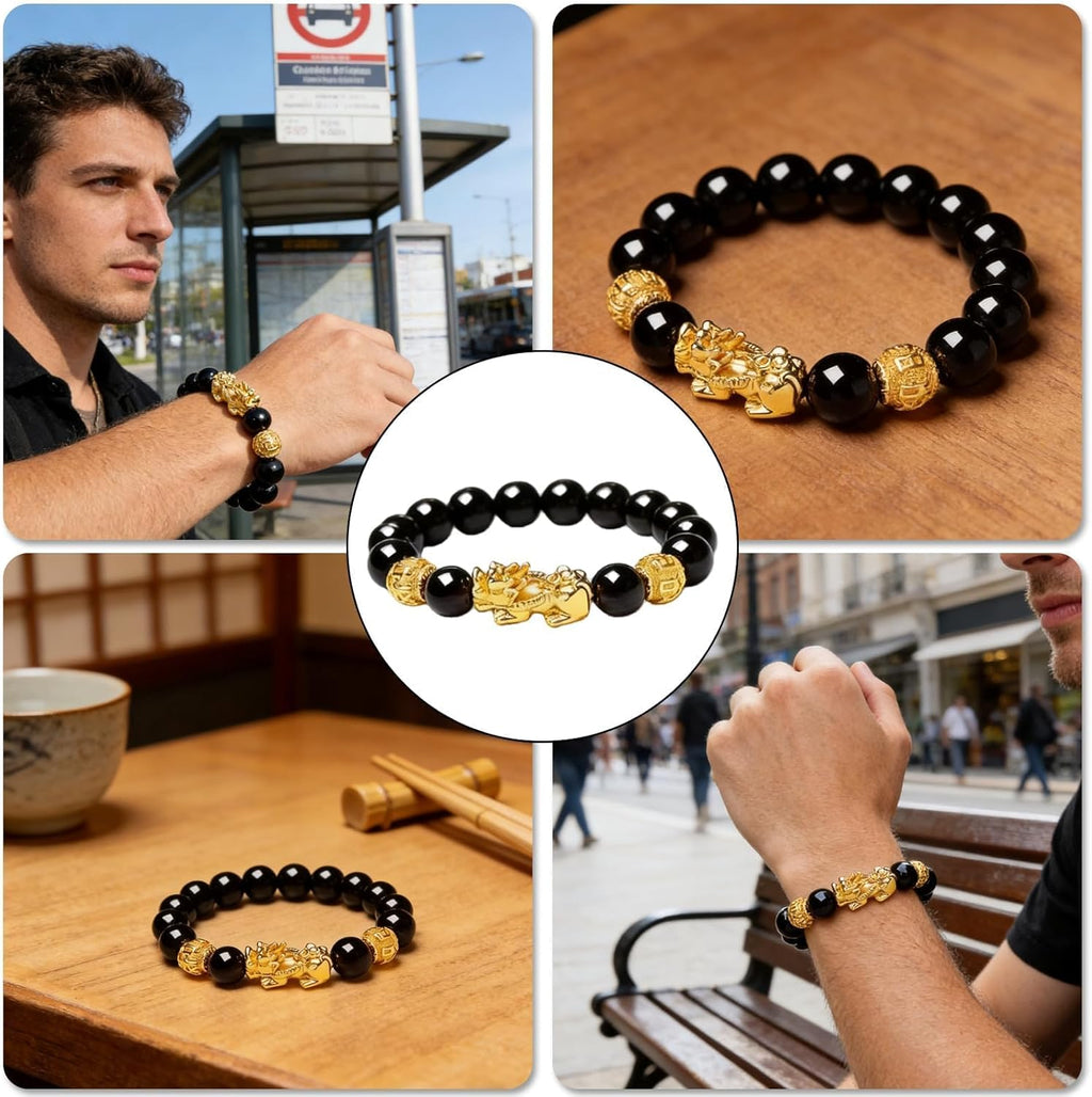 Black Obsidian Pixiu Wealth Bracelet for Women and Men, Feng Shui Pi Yao Prosperity Bracelet with Beads, Elastic Fahsion Jewelry