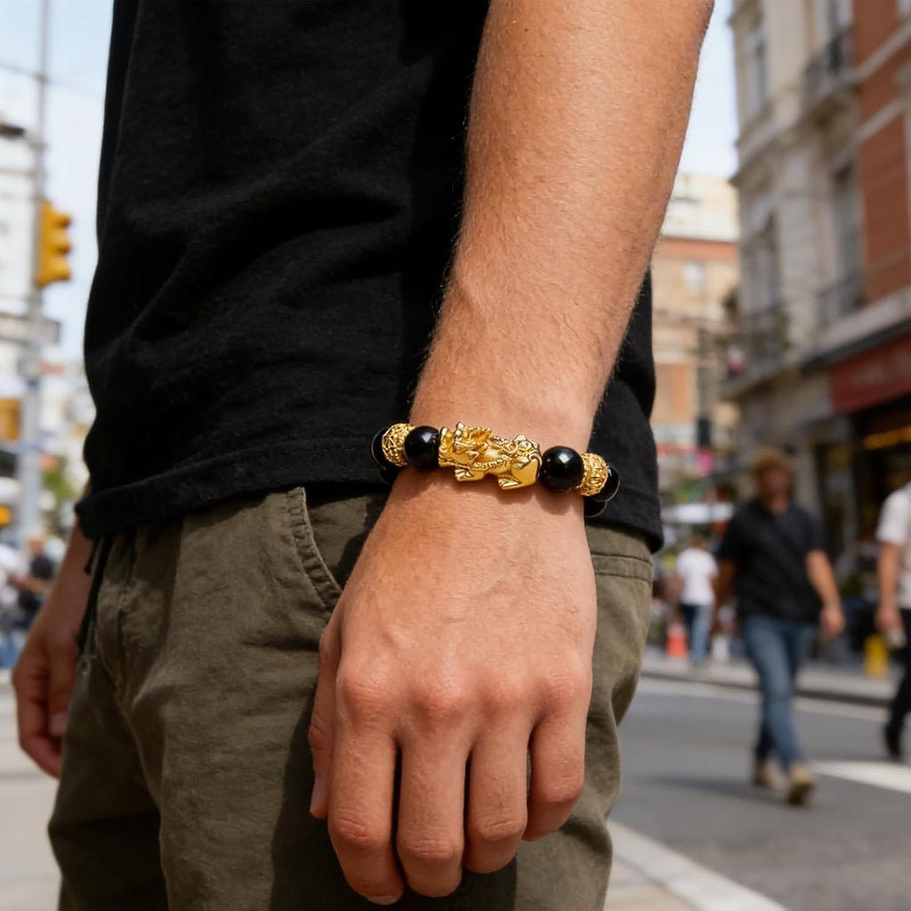 Black Obsidian Pixiu Wealth Bracelet for Women and Men, Feng Shui Pi Yao Prosperity Bracelet with Beads, Elastic Fahsion Jewelry