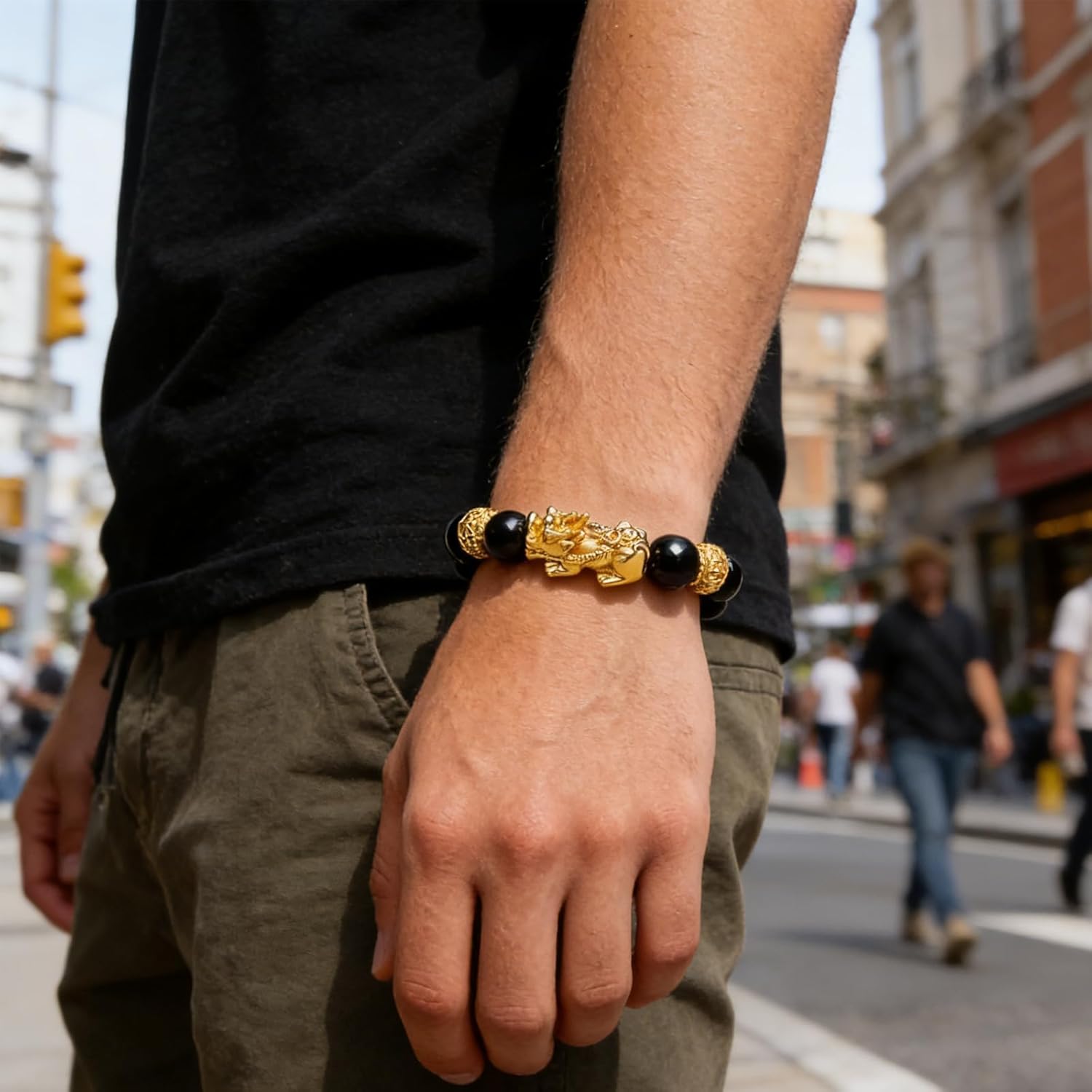 Black Obsidian Pixiu Wealth Bracelet for Women and Men, Feng Shui Pi Yao Prosperity Bracelet with Beads, Elastic Fahsion Jewelry