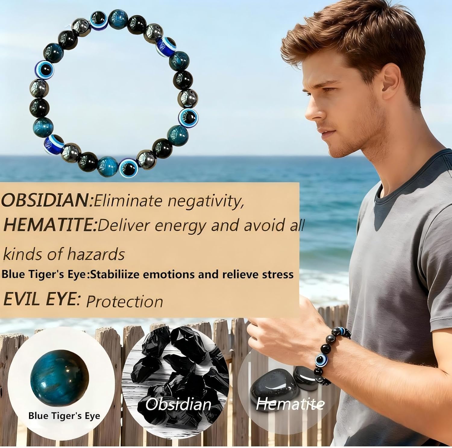Crystal healing stones, protective eye bracelets, tiger's eye, obsidian, hematite bracelets