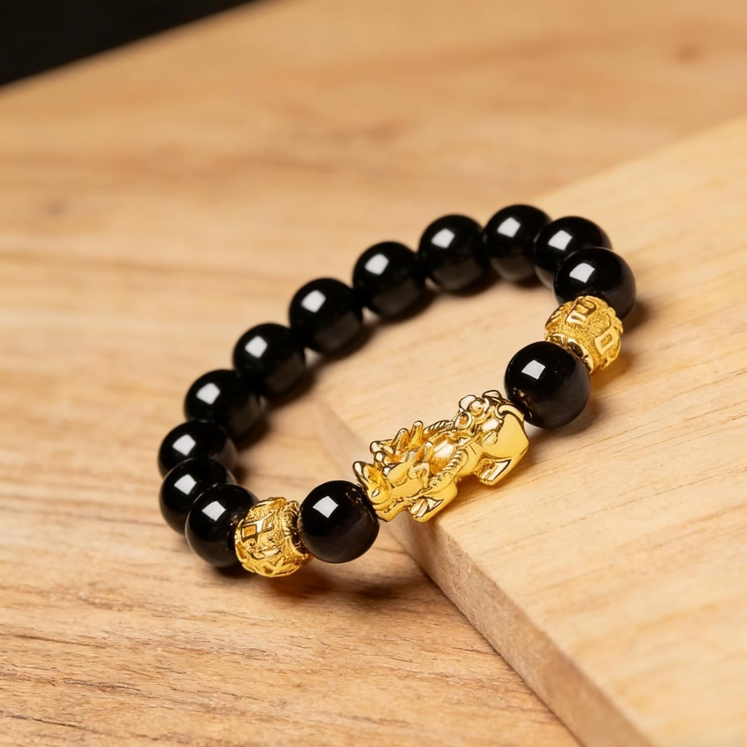 Black Obsidian Pixiu Wealth Bracelet for Women and Men, Feng Shui Pi Yao Prosperity Bracelet with Beads, Elastic Fahsion Jewelry