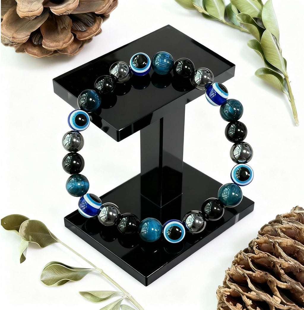 Crystal healing stones, protective eye bracelets, tiger's eye, obsidian, hematite bracelets