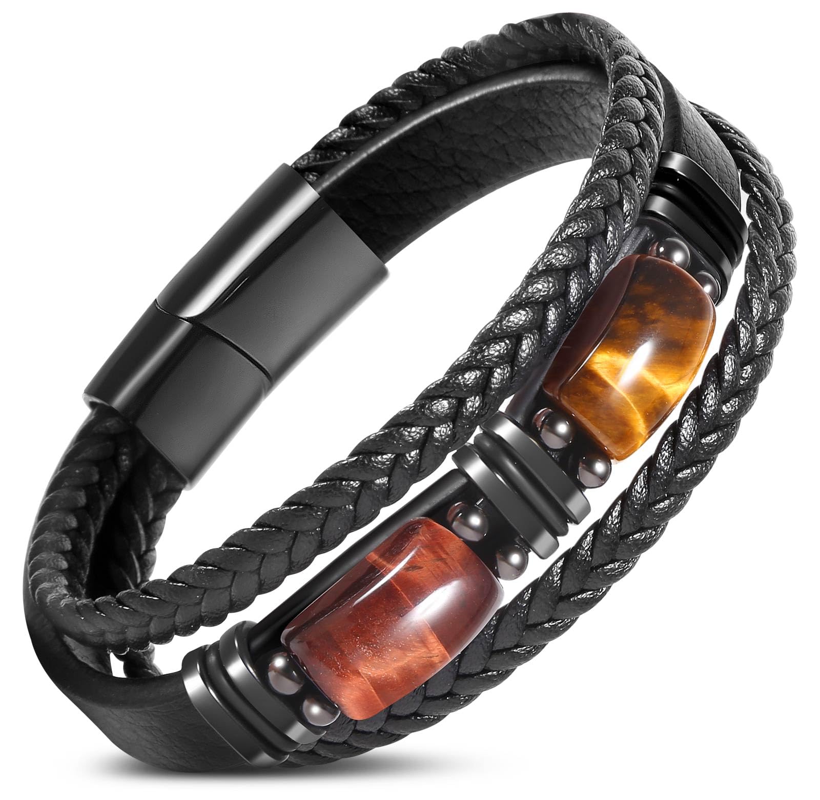 Tiger Eye Black Leather Bracelet Men Natural Tiger Eye Gemstone Crystal Stone Jewelry Handmade Courage And Stress Relief Protection Bracelet